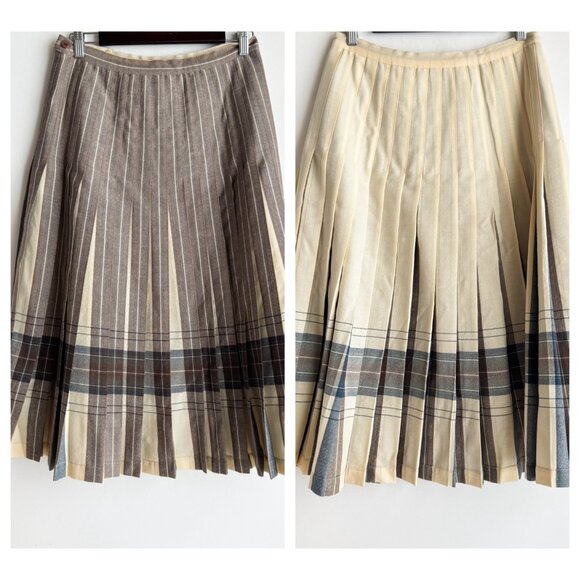Highland Queen Wool Fully Reversible Ivory Brown Blue Pleated Midi Skirt M - Picture 1 of 6